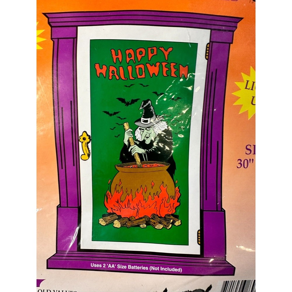 Vintage 90s Halloween Light Up Door Cover Witch With Cauldron & Bats New Sealed